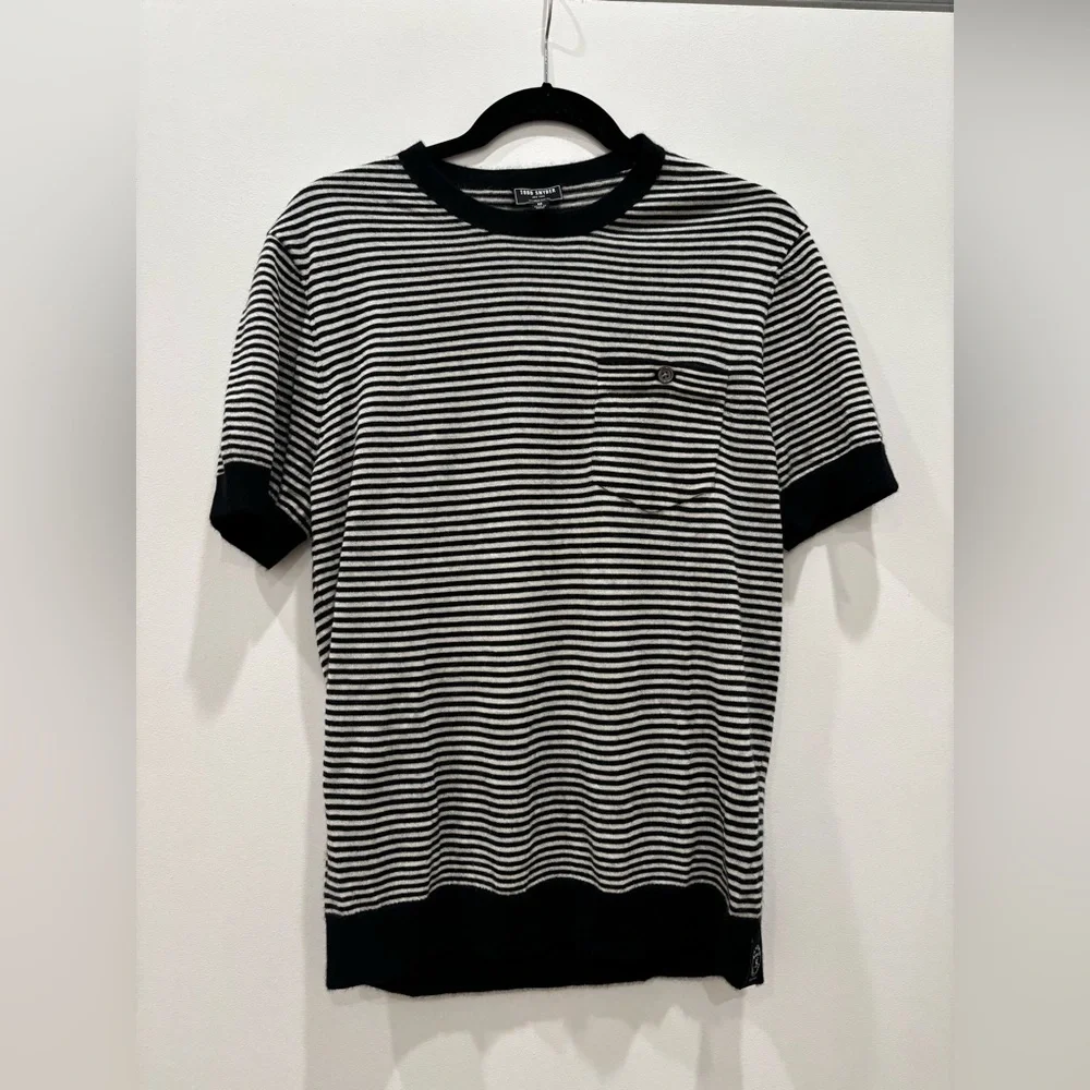 NWT | Todd Snyder | PREMIUM CASHMERE POCKET TEE IN BLACK STRIPE - Picture 4 of 10